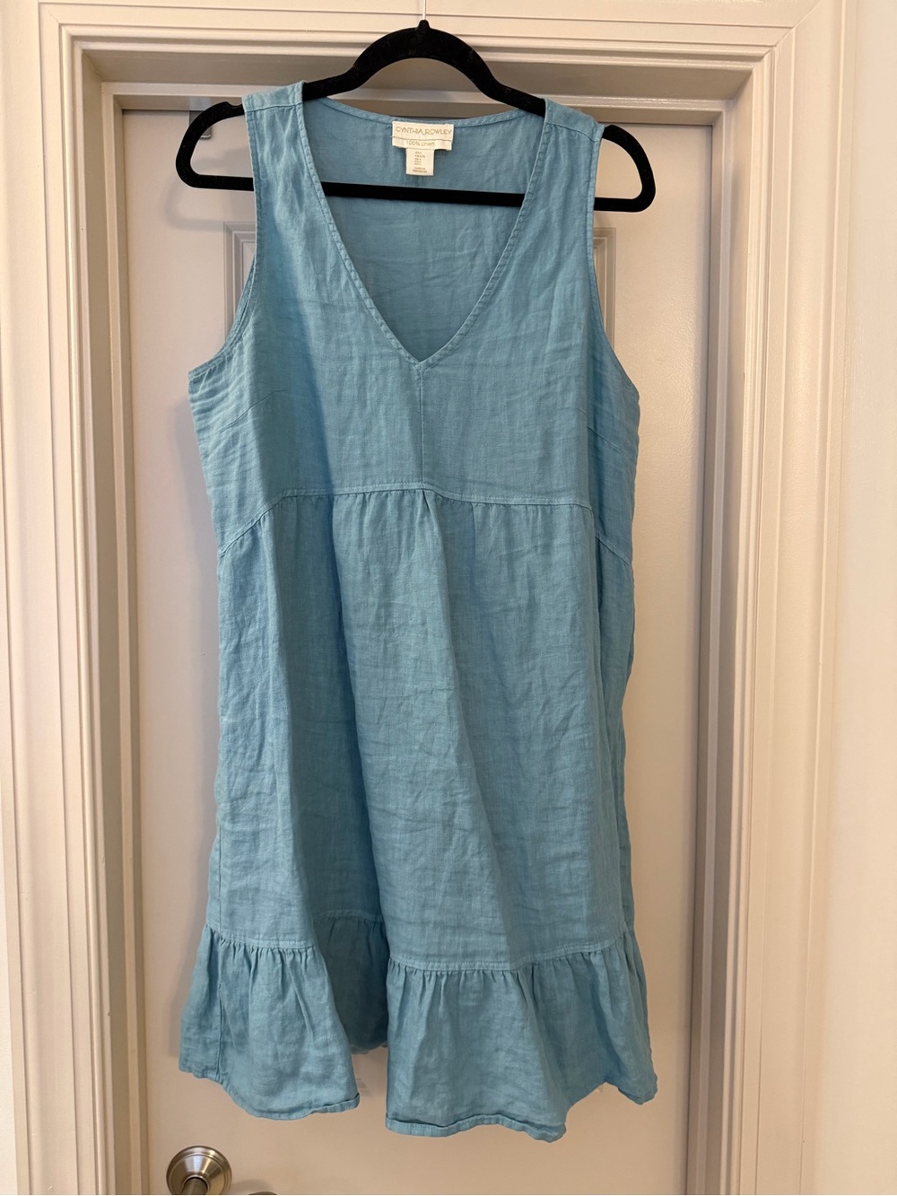 Cynthia Rowley 100% Linen Light Blue Sleeveless Ruffle-Hem Dress